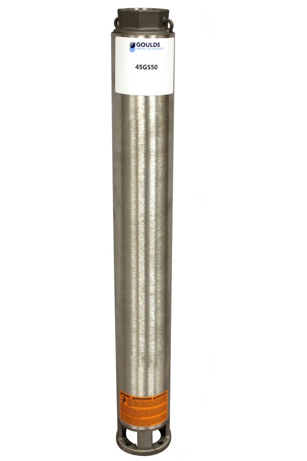 An image of Goulds submersible pump, silver and cylindrical