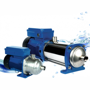 Goulds Horizontal Multistage Pumps in blue on white background with water flowing behind